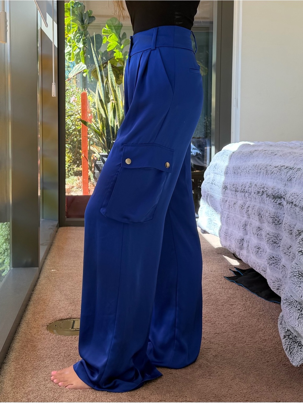Ramy Brook Blue Satin Wide Leg Dress Pants - Picture 2 of 7